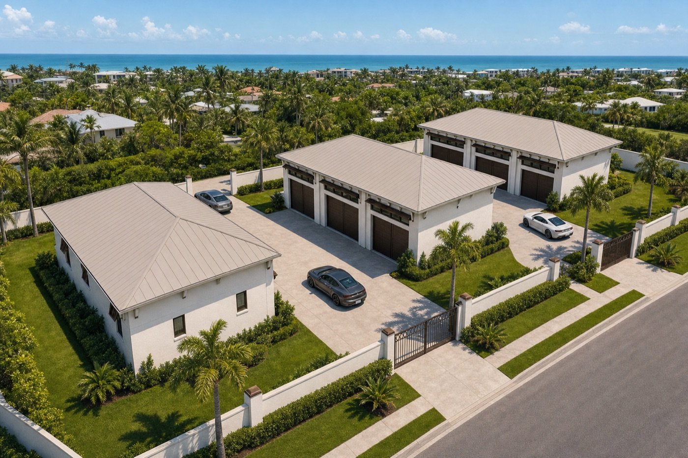 Artist's aerial rendering of the three Marco Luxe Motor Condos buildings on Marco Island