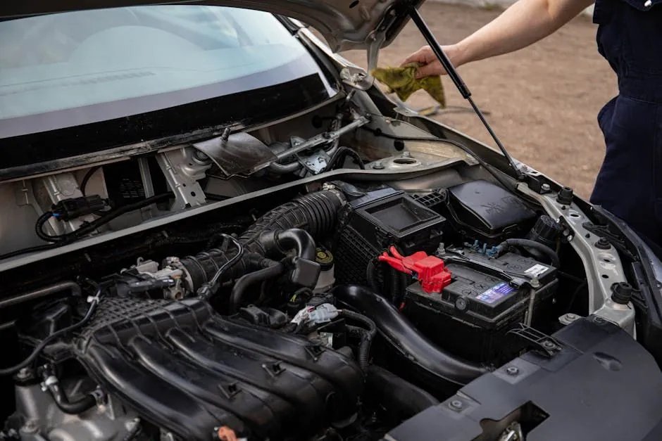 An open engine bay during a cooling-system inspection